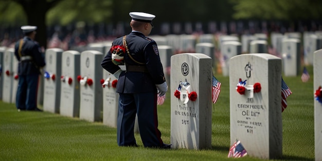 a military man is standing in front of a grave with a flag on it