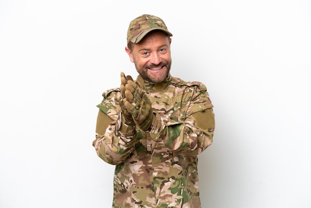 Military man isolated on white background applauding after presentation in a conference