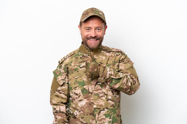 Military man isolated on white background giving a thumbs up\
gesture