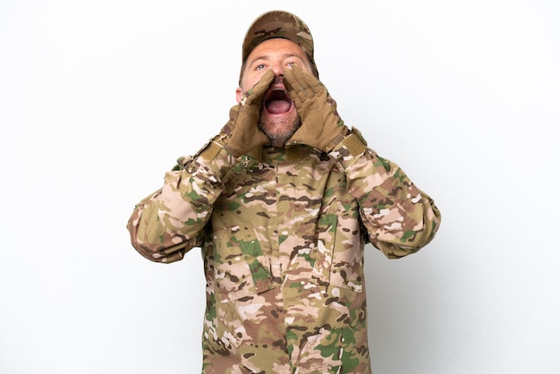 Military man isolated on white background shouting and announcing something