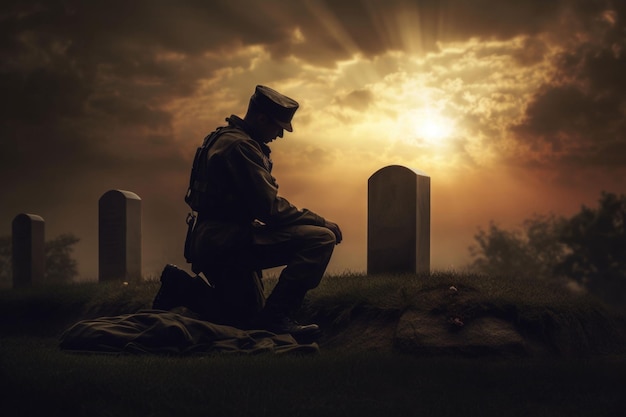 Military man kneeling of grave fallen soldier on sunset background Generative AI