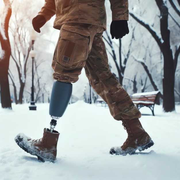 Photo military man with prosthetic leg on winter background ai generative