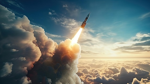 a military missile in flight against the sky warhead or atomic bomb chemical weapons rocket launch