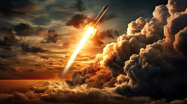 Foto un missile militare in volo contro il cielo testata o bomba atomica armi chimiche lancio di razzi