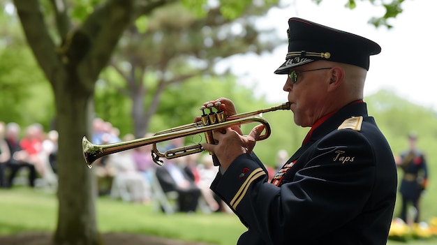 Photo a military musician plays the trumpet during a solemn ceremony he is wearing a black uniform and a black hat with a gold cord