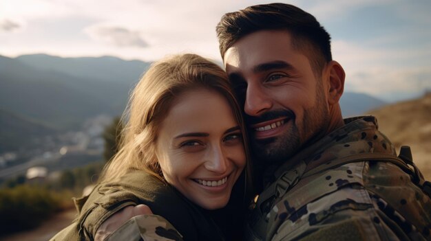 Military officer or army soldier happy man reunited with his wife