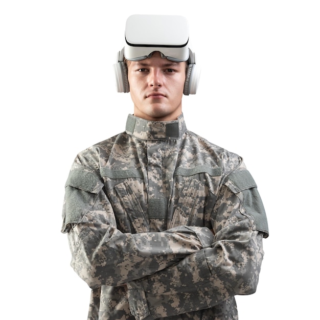 VRヘッドセットを装着した軍官 pngモックアップ