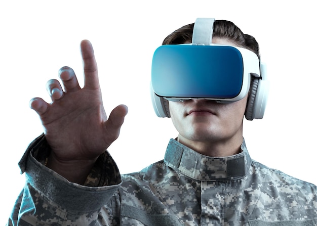 VRヘッドセットをかぶった軍官が仮想画面のpngモックアップに触れる