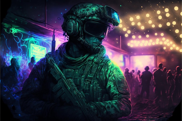 military operator surrounded by people in a night club