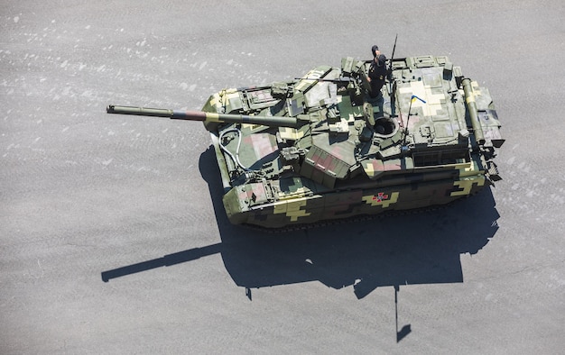 Military parade in Kiev. Column of military equipment and army troops on the march on the occasion of Independence day of Ukraine