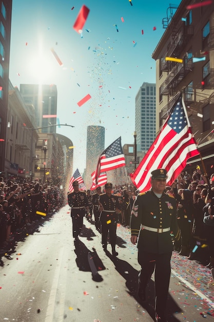 Military personnel marching in parade with American flags and confetti falling