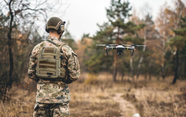 A military personnel stands focused as he controls a drone over a wildflowerdotted field signaling a blend of natural beauty and technological advancement Drone operator at war