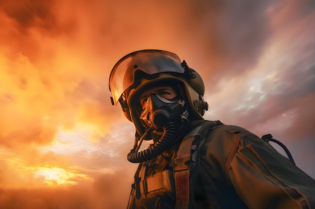 Military pilot on the background of the orange sky war in Ukraine Generative AI 4