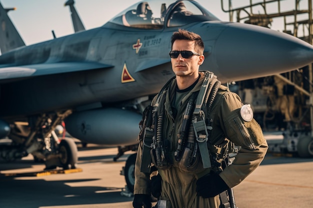 Military Pilot Standing in Front of Combat Airplane Generative By Ai