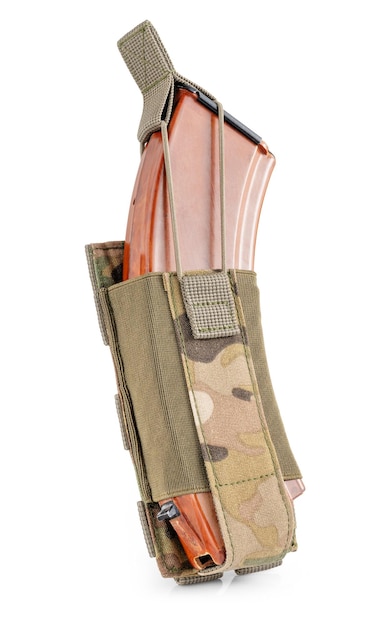 Military pouch in multicam camouflage with bullet magazine inside on white background