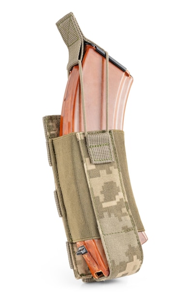 Military pouch in pixel camouflage with bullet magazine inside on white background