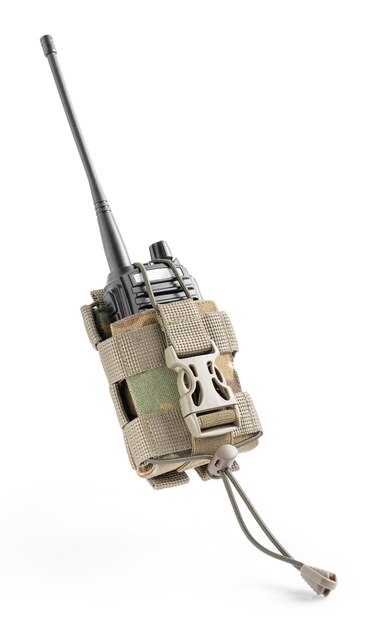 Military radio in tactical pouch in multicam camouflage Military gear equipment Walkie talkie