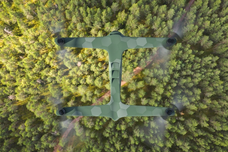 Photo military reconnaissance unmanned drone in flight means of objective control and intelligence in the conditions of modern war