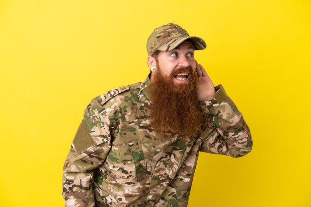 Uomo rosso militare sopra isolato su sfondo giallo ascoltando qualcosa mettendo la mano sull'orecchio
