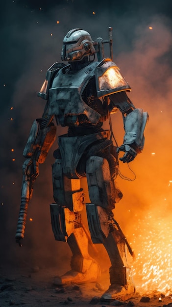 Military robot against the backdrop of fire AI generative