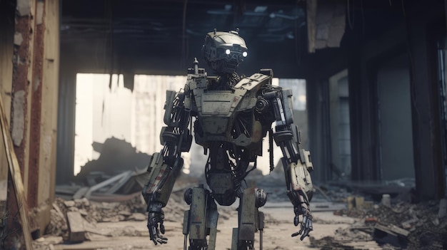 Military robot in the ruined city The concept of the future apocalypse 3d rendering