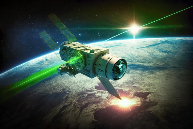 Military satellite shooting with laser on earth orbit AI generative