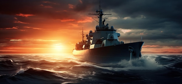 Photo military ship in the ocean at sunset