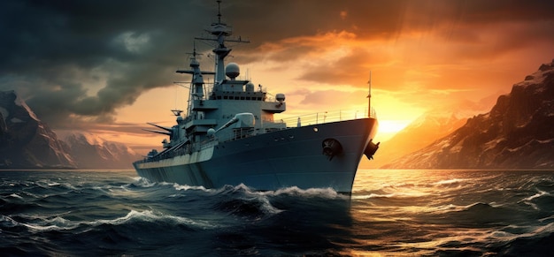 военный корабль в океане при заходе солнца