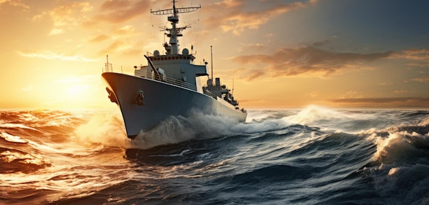 a military ship traveling on the water at sunset