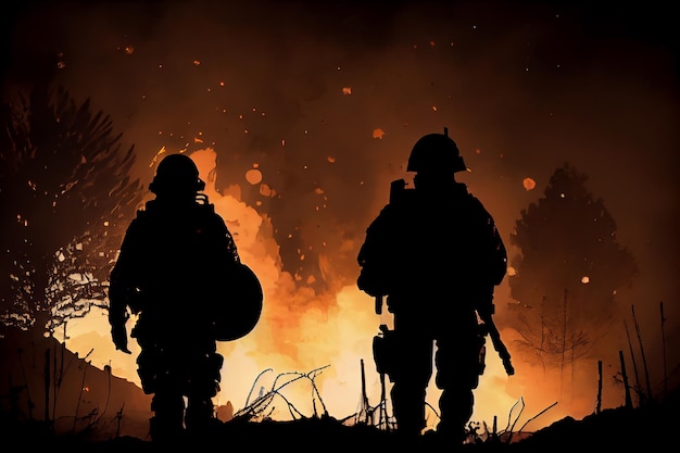 Military silhouettes at night generative AI