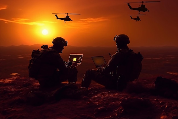 Военный солдат управляет дроном для разведки позиций противника Концепция с помощью квадрокоптера