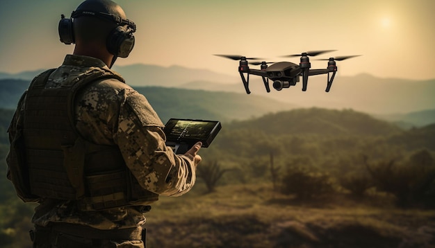 Military soldier controls drone for reconnaissance operation of enemy positions Concept using quadrocopters in smart war