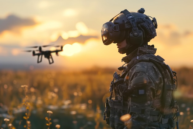 Military soldier drone operator man in camouflage uniform using drone control helmet technology