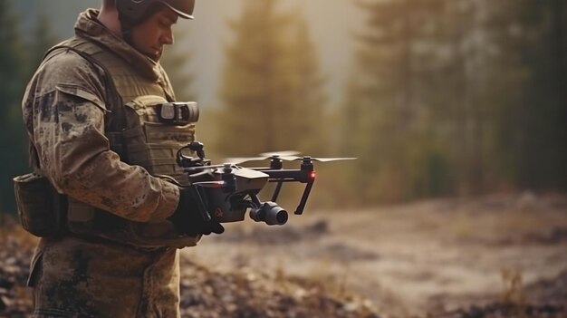 軍の兵士がドローンを操縦して敵の位置を偵察する クアドロコプターを使用した生成 AI とスマート軍事コンセプト