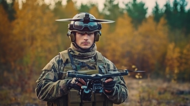 A military soldier pilots a drone to conduct reconnaissance of an adversary's position Generative AI and smart military concepts employing quadrocopters