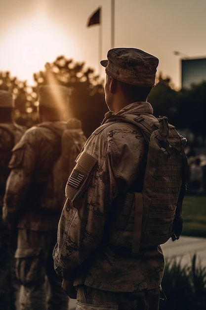 Military soldier stands near graves of American heroe Memorial Day