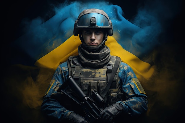 Military soldier with Ukrainian flag