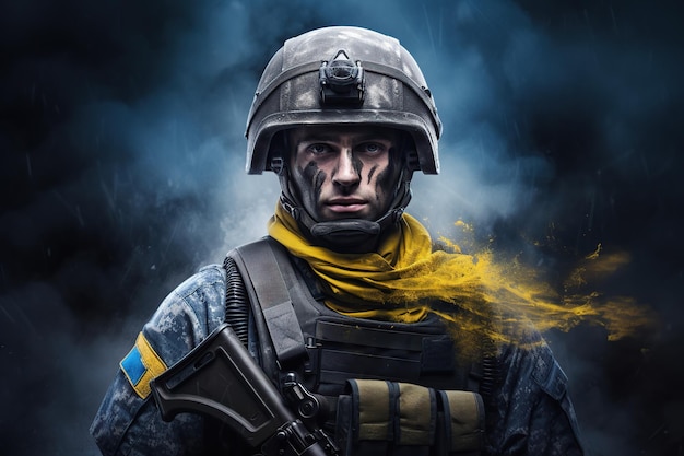 Military soldier with Ukrainian flag