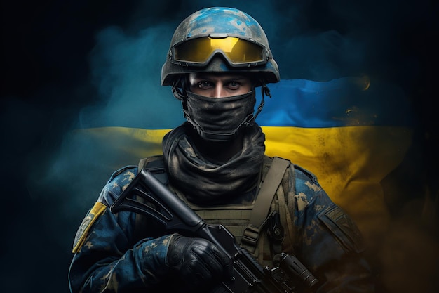 Military soldier with Ukrainian flag