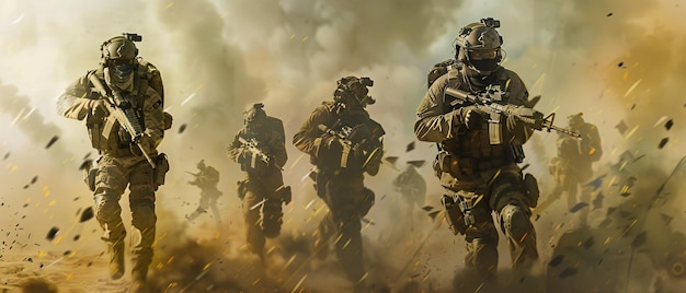 military soldiers running through battlefield smoke and dust