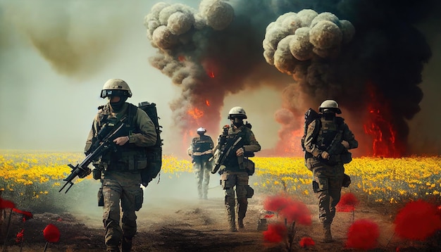 Military special forces soldiers crosses destroyed warzone through fire and smoke in a spring flower field Generate Ai