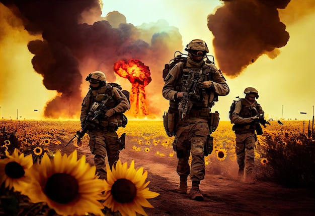 군 특수부대 병사들이 해바라기 밭에서 불과 연기를 통해 파괴된 전쟁터를 건너고 있습니다. Ai 생성