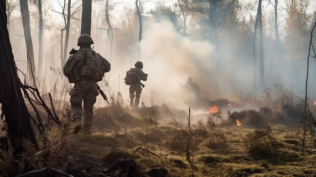 Солдаты военного спецназа пересекают лесную зону военных действий, армейская военная концепция, Generative AIxA