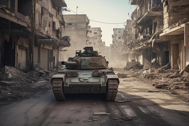 Военный танк едет по охваченному войной городу Генеративный ИИ