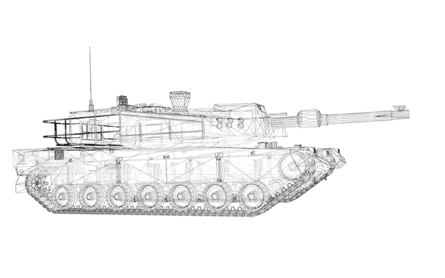 Military tank model, body structure, wire model