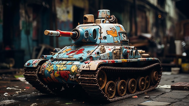 Military tank painted with bright graffiti paint Generative AI