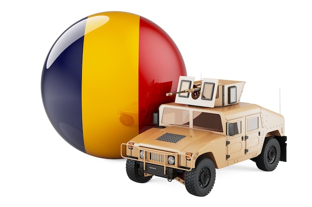 Military truck with Romanian flag Combat defense of Romania concept 3D rendering isolated on white background