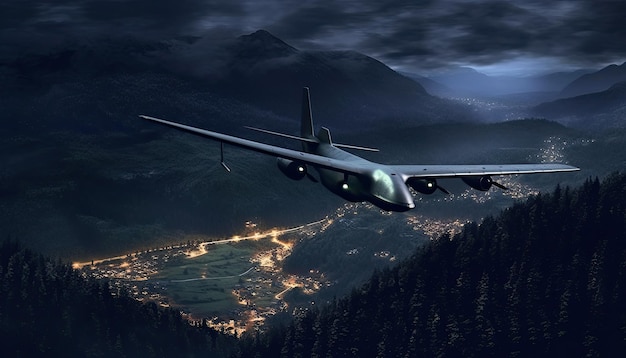 Military UAV flying over a mountain landscape at night