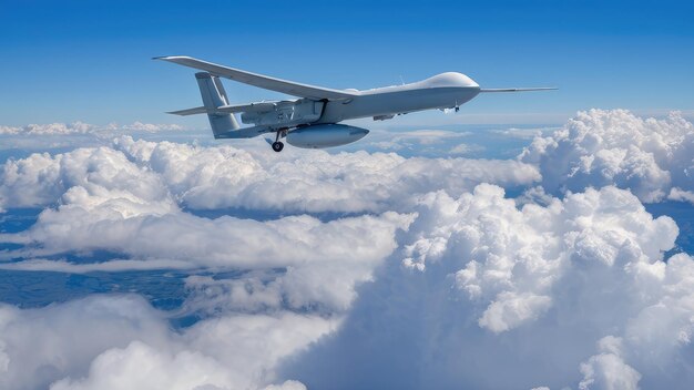 A military unmanned aerial vehicle UAV is soaring high above an expansive sea of cumulus clouds