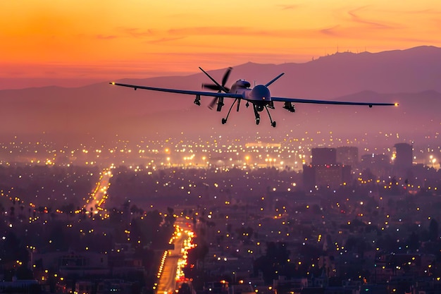 Military unmanned airplane flies over a city at night illuminating the urban landscape below with its lights